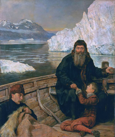 ”Barents, în barcă, cu fiul său și echipajul fidel”, John Collier, en.wikipedia.org